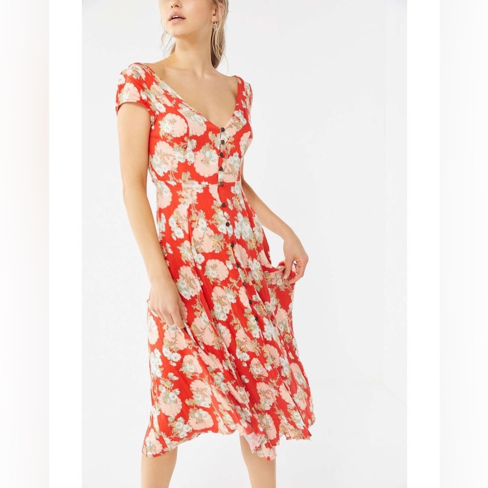 Orange Floral Urban Outfitters Malena Button Down Dress